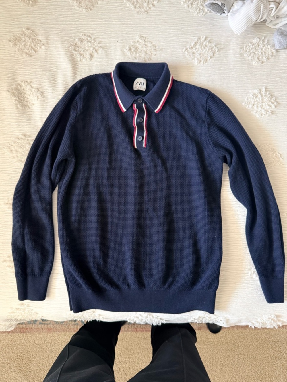Zara Navy Polo Sweater with Red and White Trim